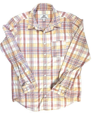 Madda Fella Key West Coastal Plaid Shirt Men's Medium Coral Tan Blue Resortwear